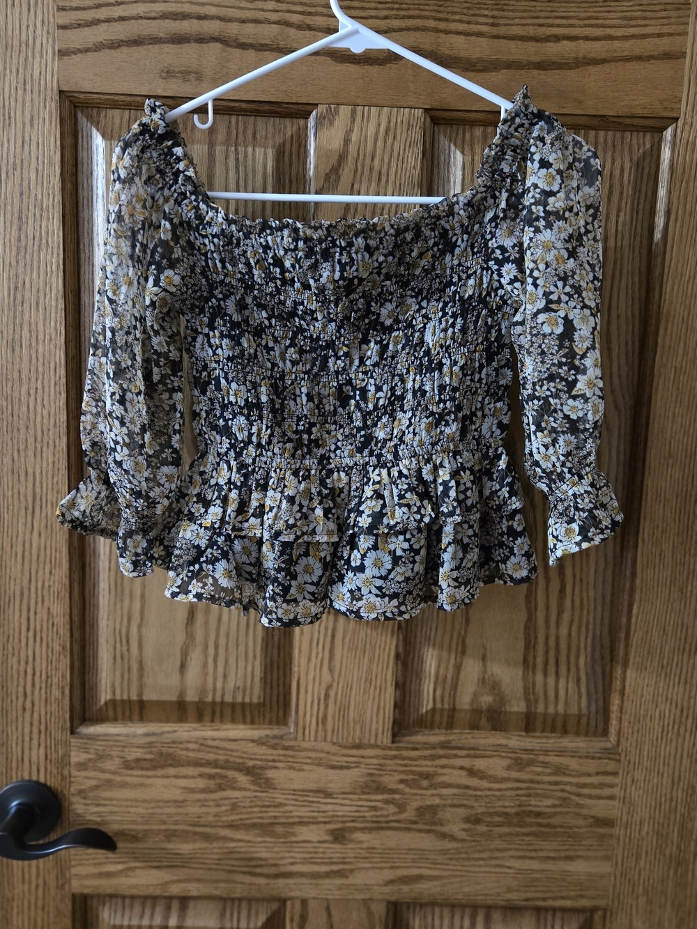 Patrons of Peace Black Floral Smocked Off-Shoulder Crop Top Sheer Sleeves